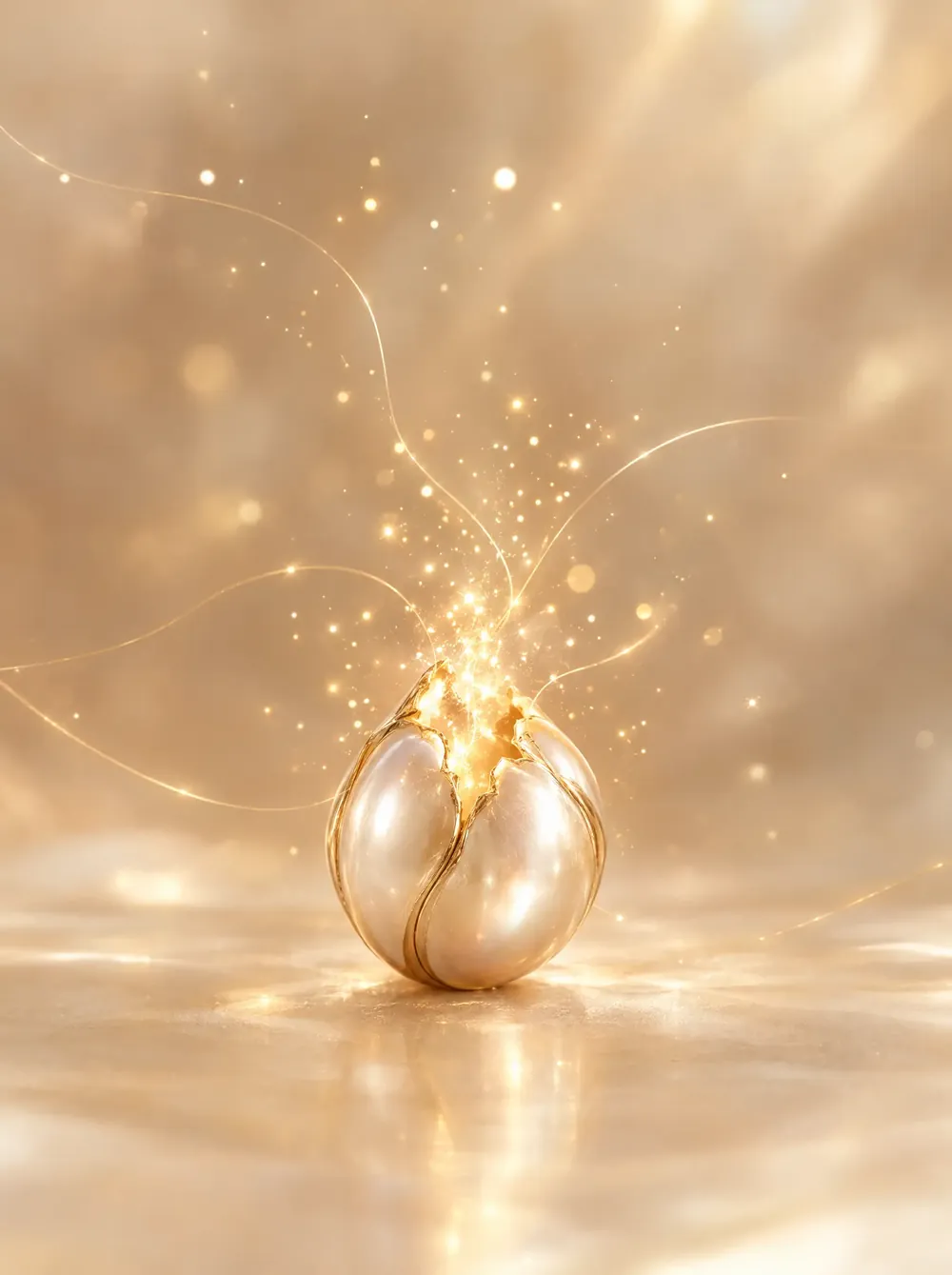 A pearl seed opening in gold light